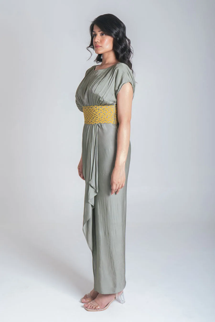 Green-Yellow Braided Drape Dress