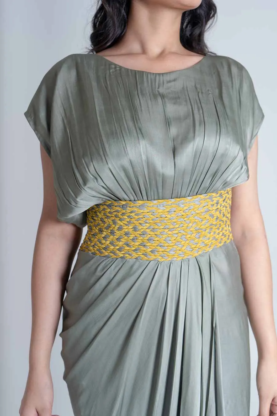 Green-Yellow Braided Drape Dress