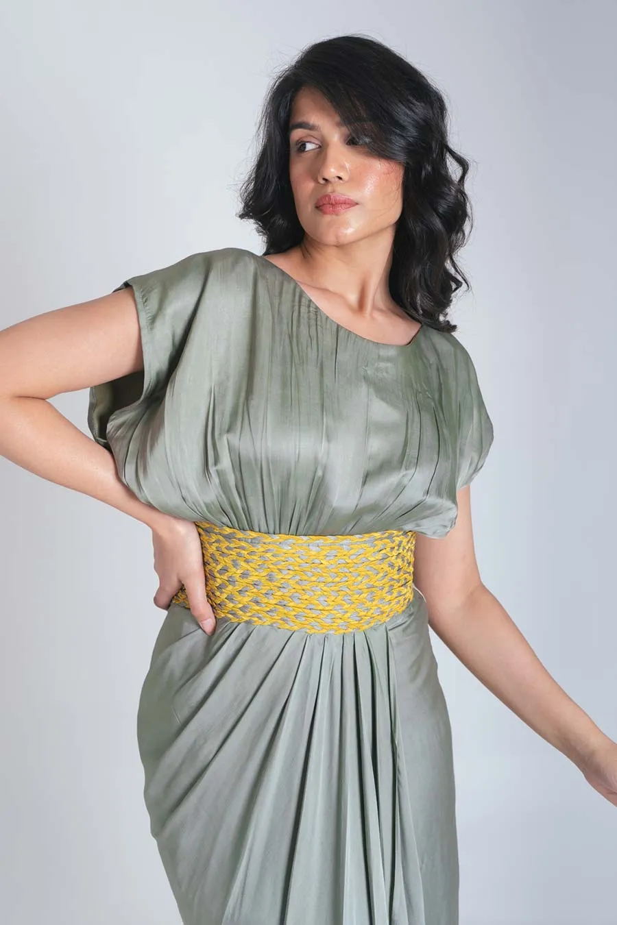 Green-Yellow Braided Drape Dress