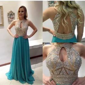 halter prom dresses long beaded sparkly luxury elegant blue prom gown vestidos de fiesta