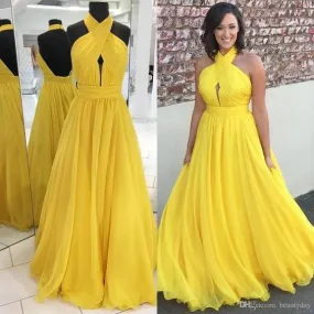 halter prom dresses long chiffon yellow cheap elegant sleeveless a line prom gown vestidos de fiesta