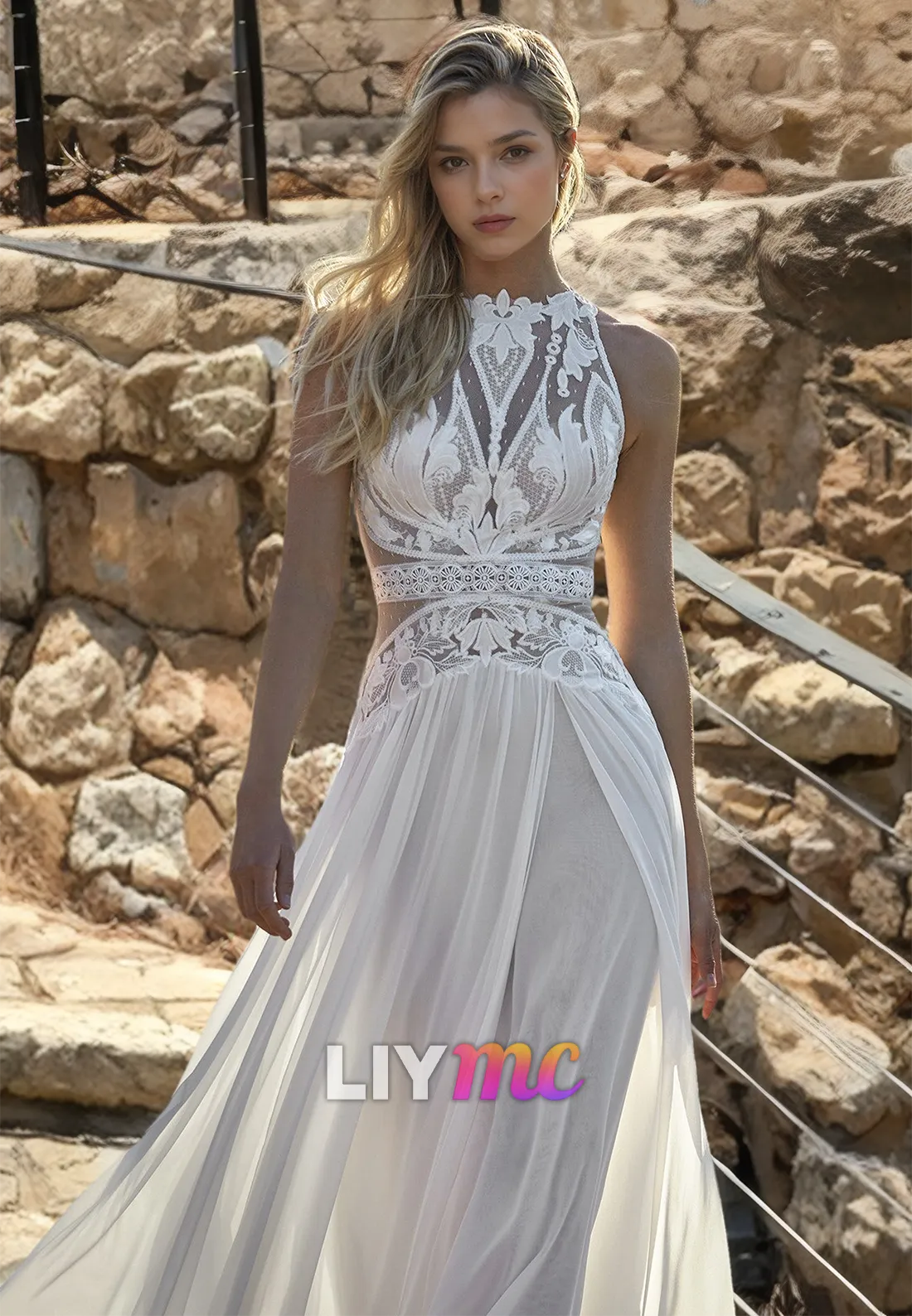 Halter Sleeveless Appliques Chiffon A-Line Boho Wedding Dress