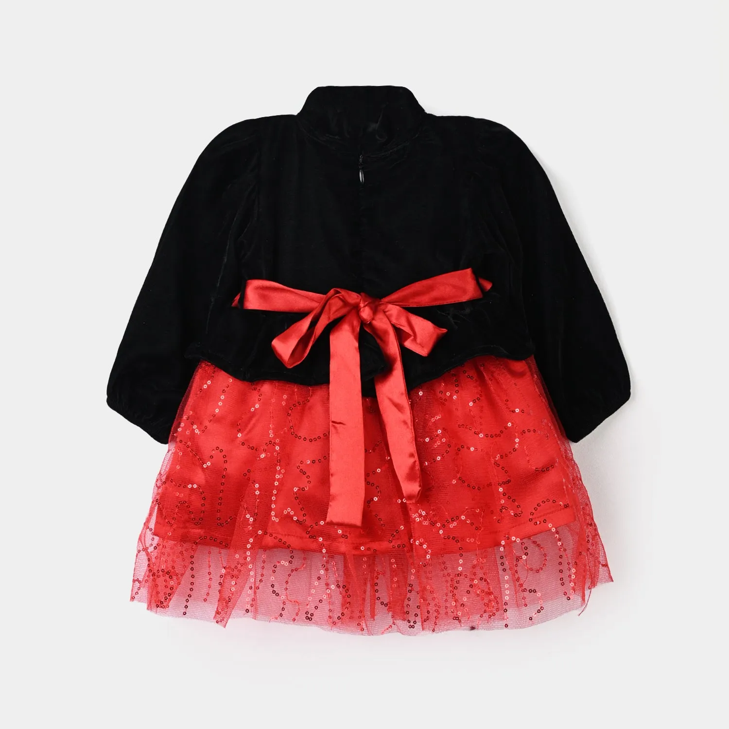 Infant Girls Velvet & Net Fancy Frock Sequence-B.Red