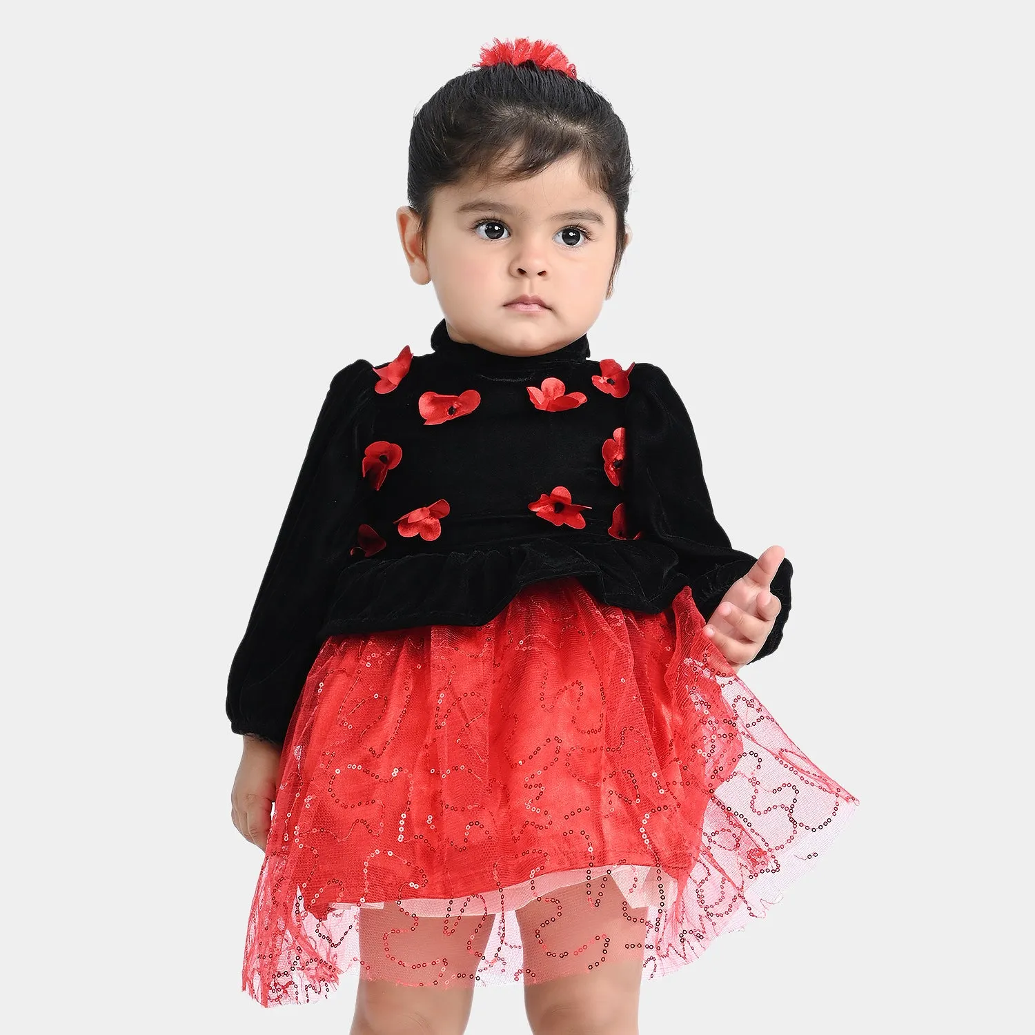 Infant Girls Velvet & Net Fancy Frock Sequence-B.Red