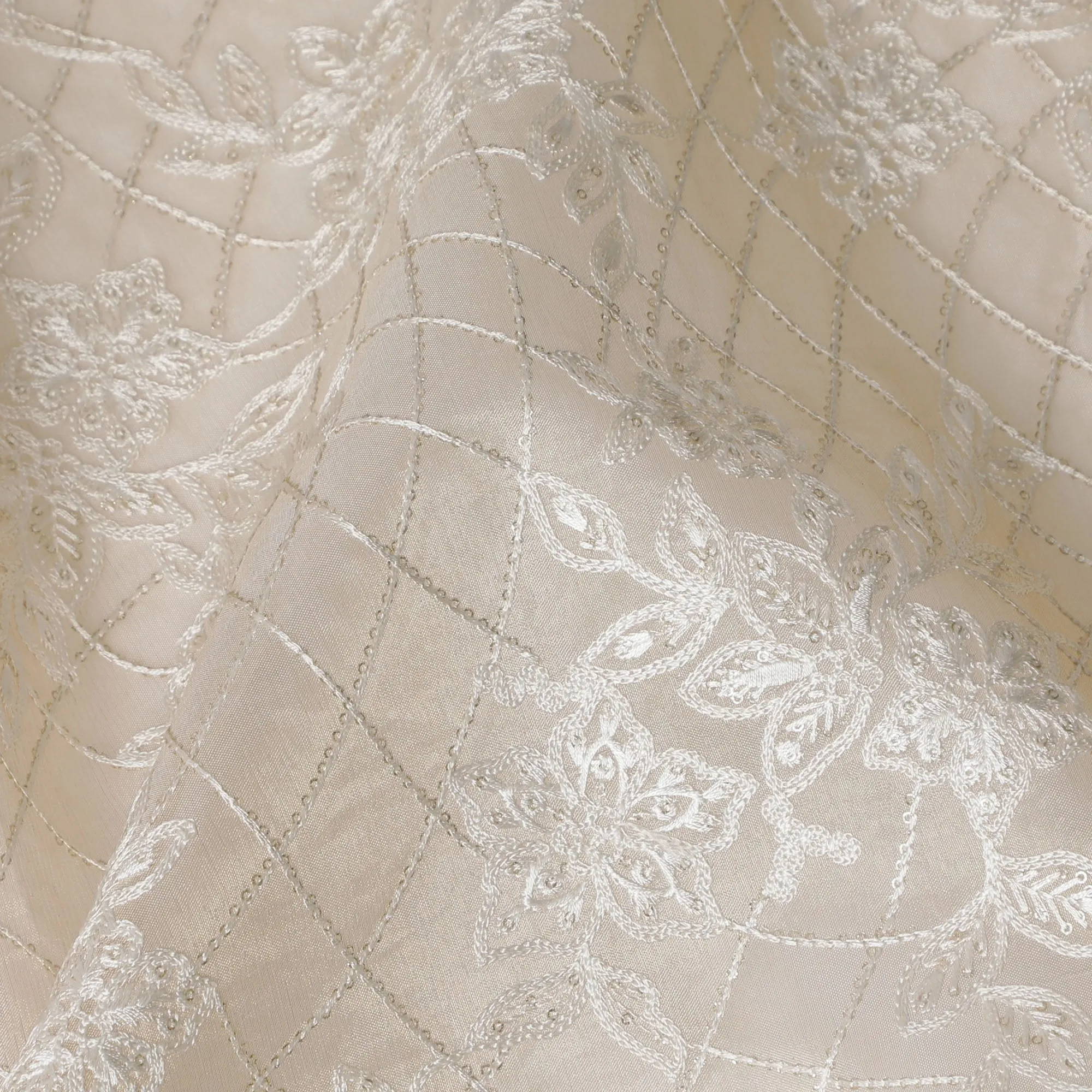 Ivory Silk Organza Fabric with Silver Embroidery, 110 cm Width-D20107