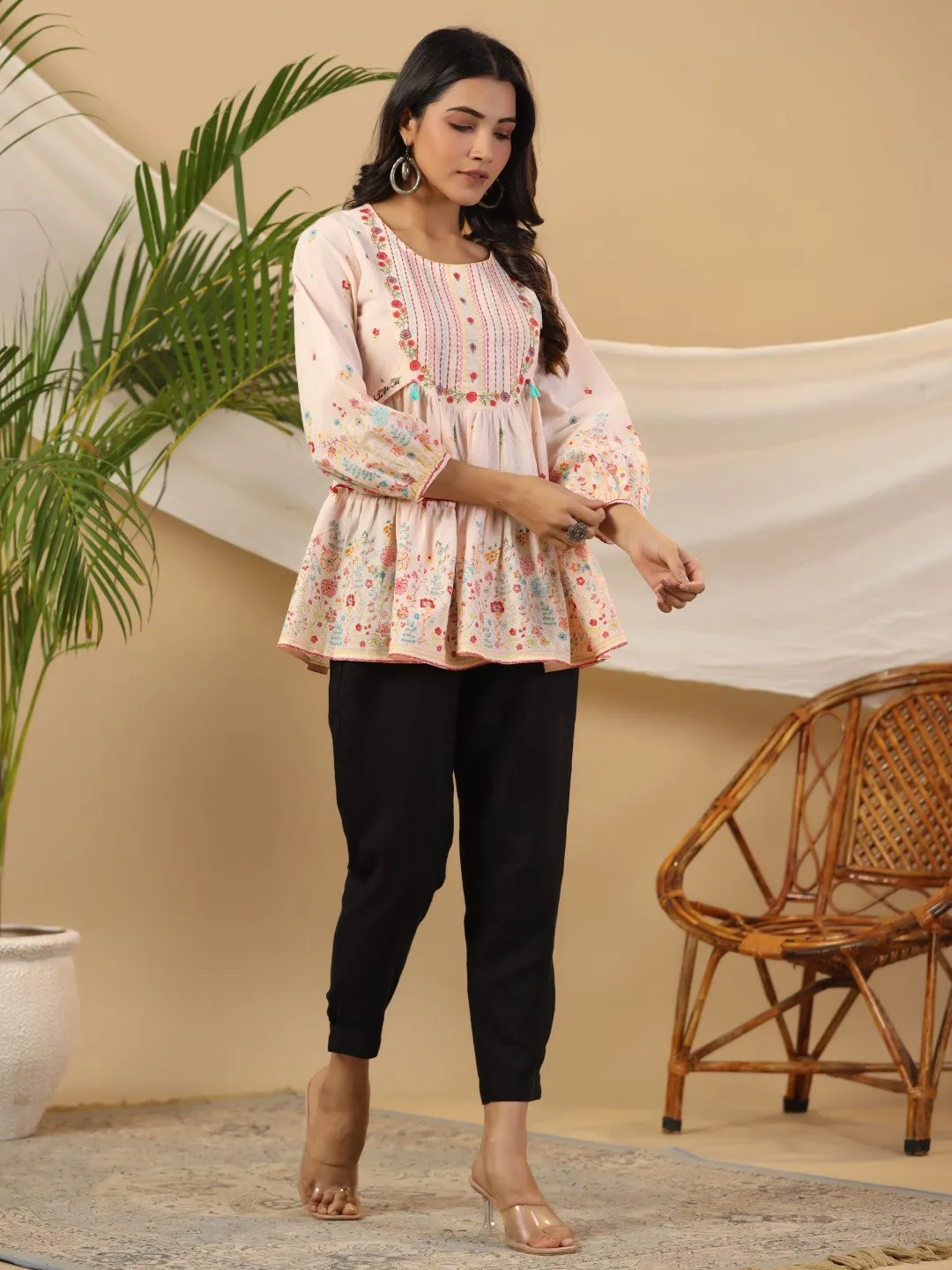 Juniper The Wonderland Women Peach Floral Printed Cotton Peplum Tunic With Thread Embroidery