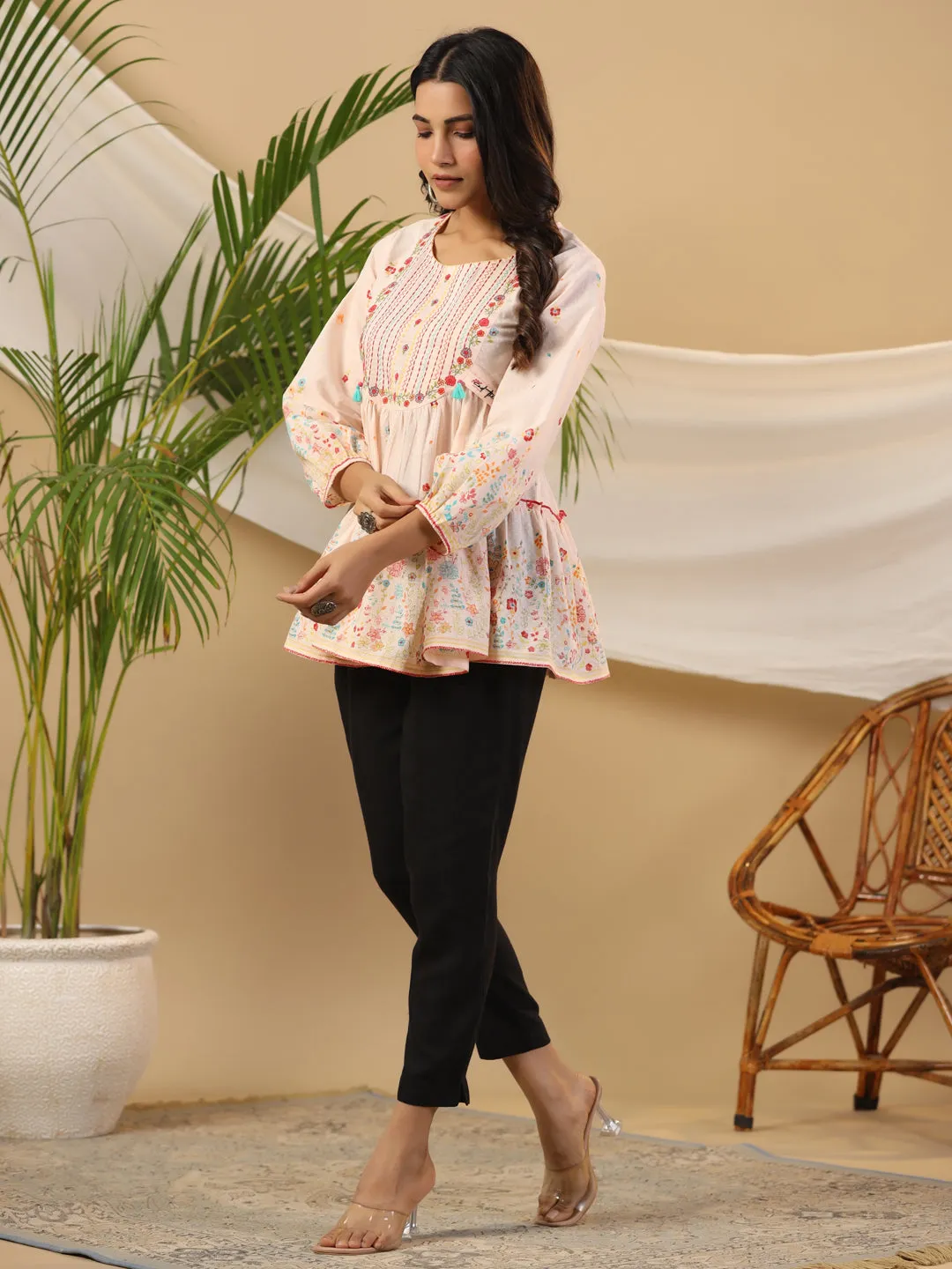 Juniper The Wonderland Women Peach Floral Printed Cotton Peplum Tunic With Thread Embroidery