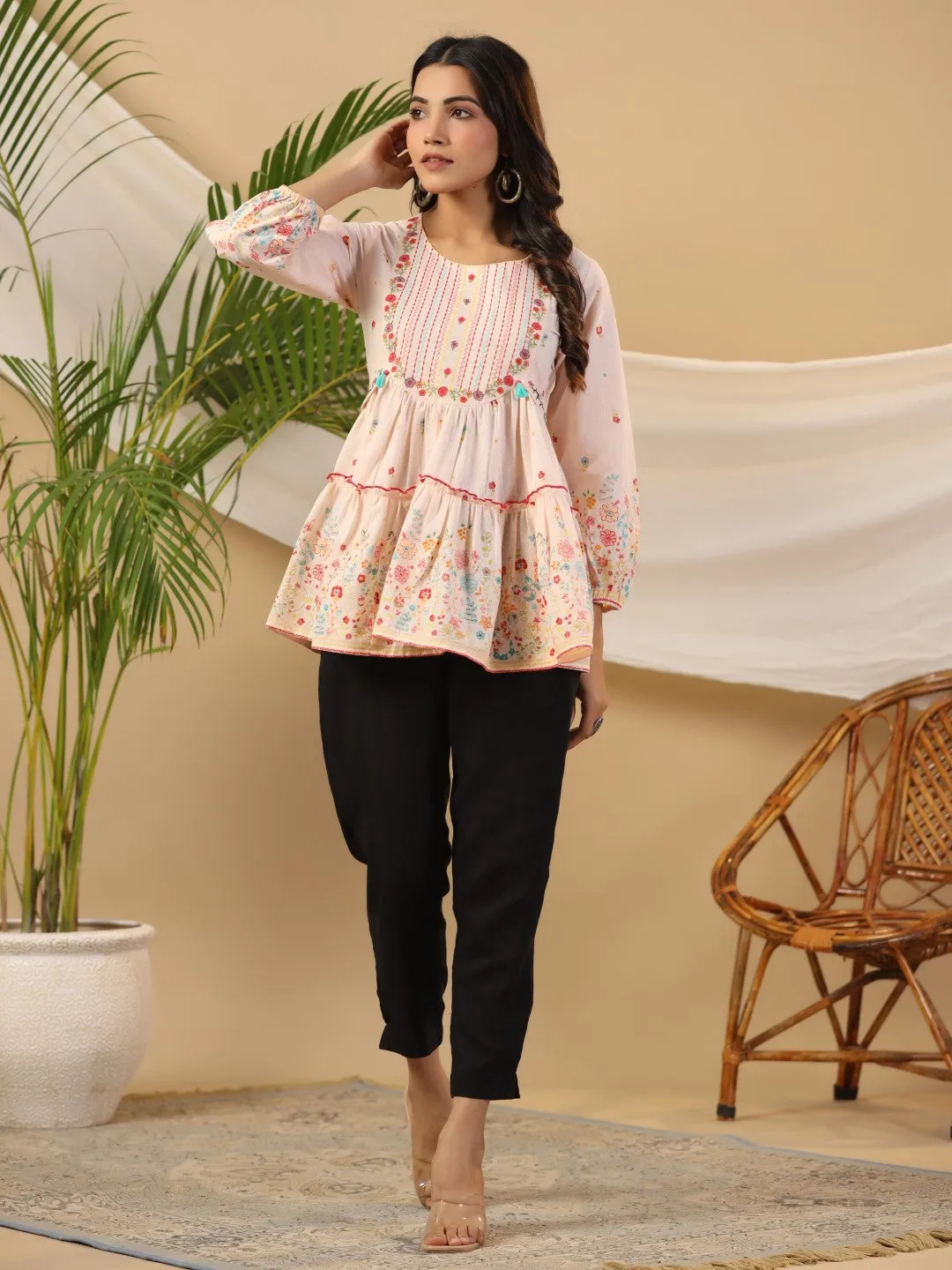 Juniper The Wonderland Women Peach Floral Printed Cotton Peplum Tunic With Thread Embroidery