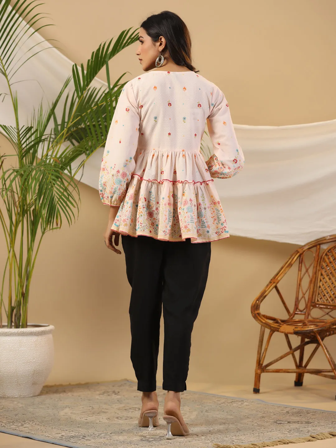 Juniper The Wonderland Women Peach Floral Printed Cotton Peplum Tunic With Thread Embroidery