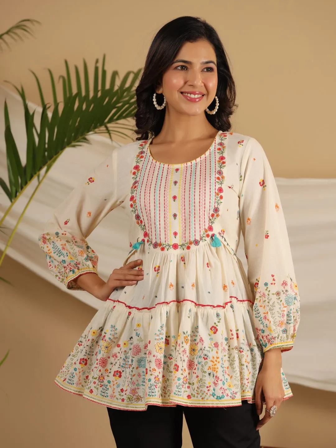 Juniper Women Off-White Floral Printed Cotton Peplum Tunic With Thread Embroidery