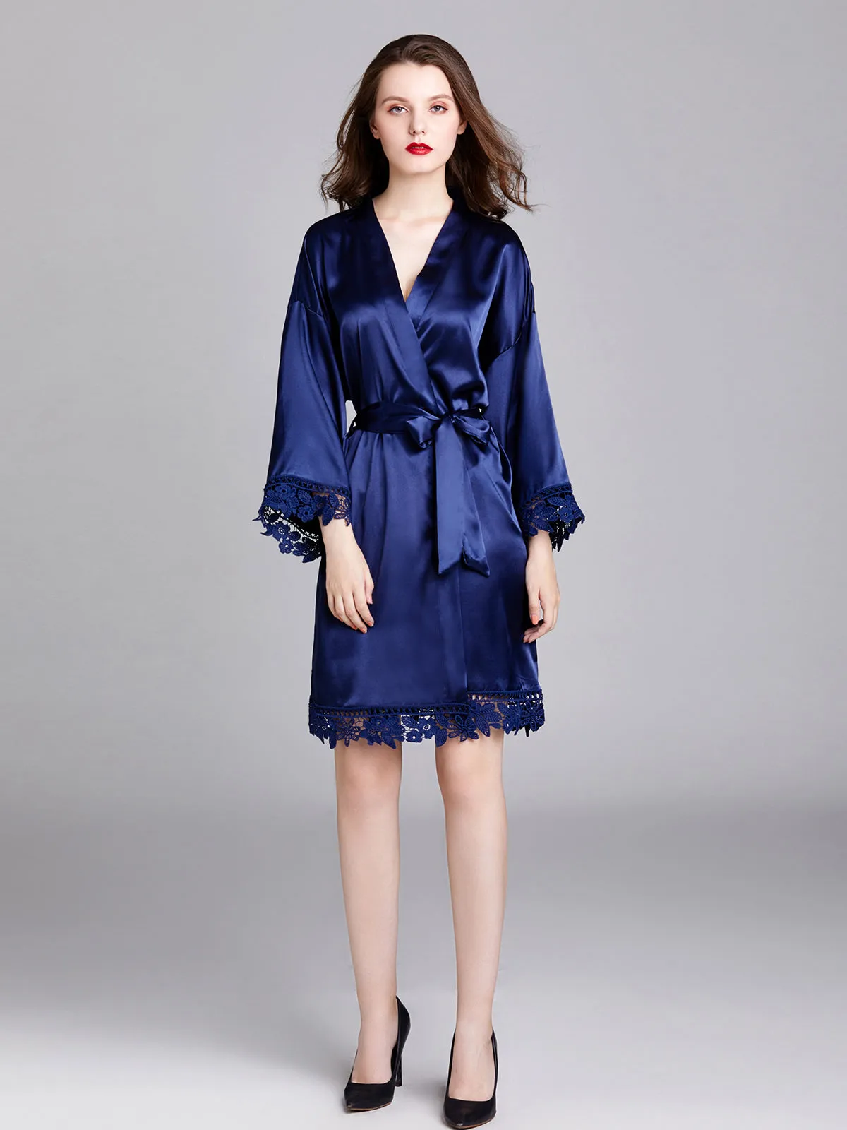 Knee-length V Neck Charmeuse Robes with Floral Lace Edge