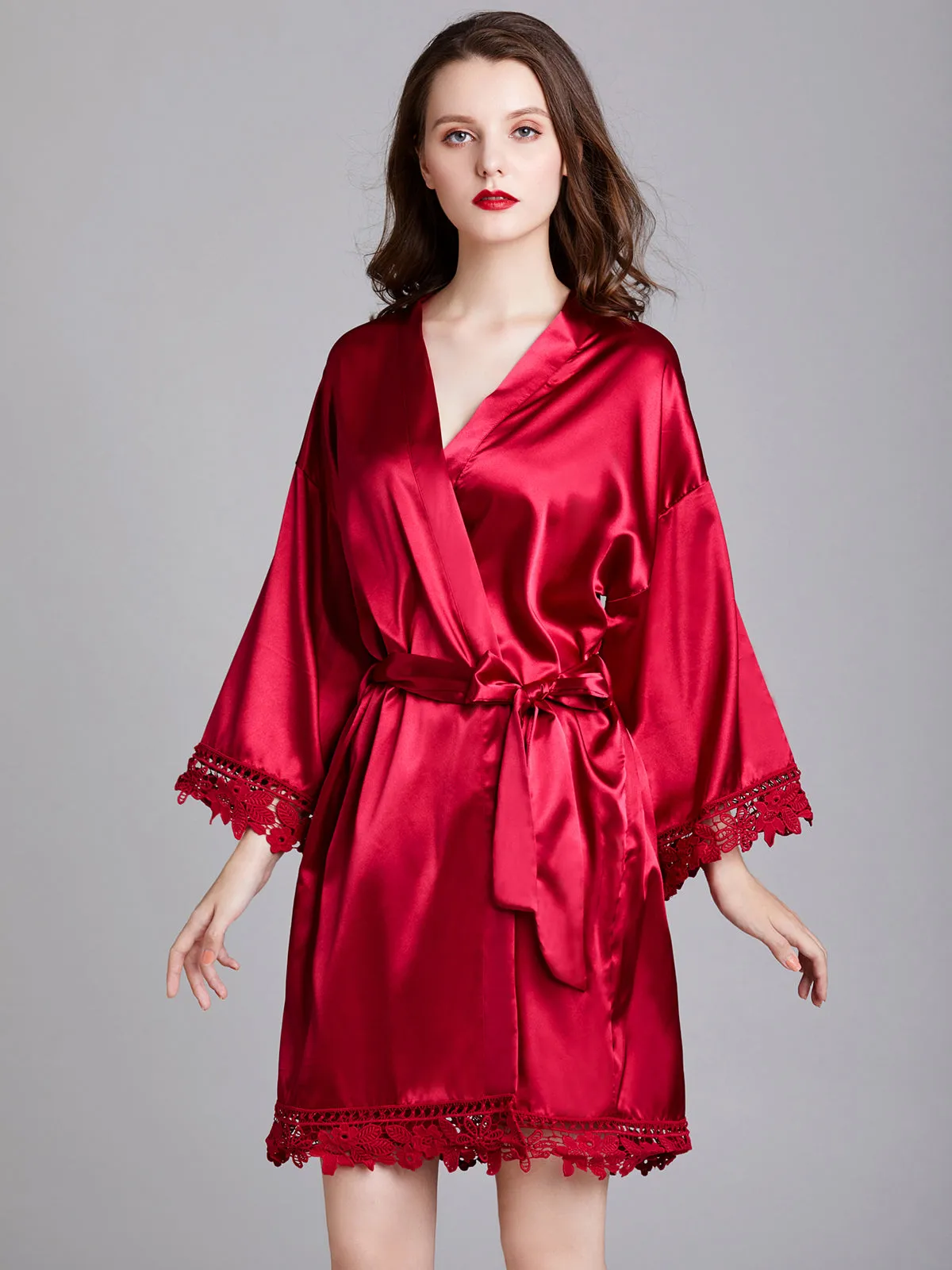 Knee-length V Neck Charmeuse Robes with Floral Lace Edge