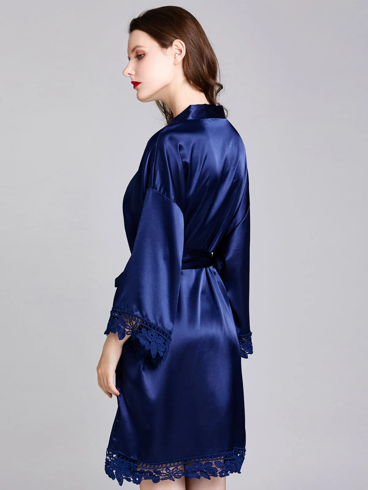 Knee-length V Neck Charmeuse Robes with Floral Lace Edge