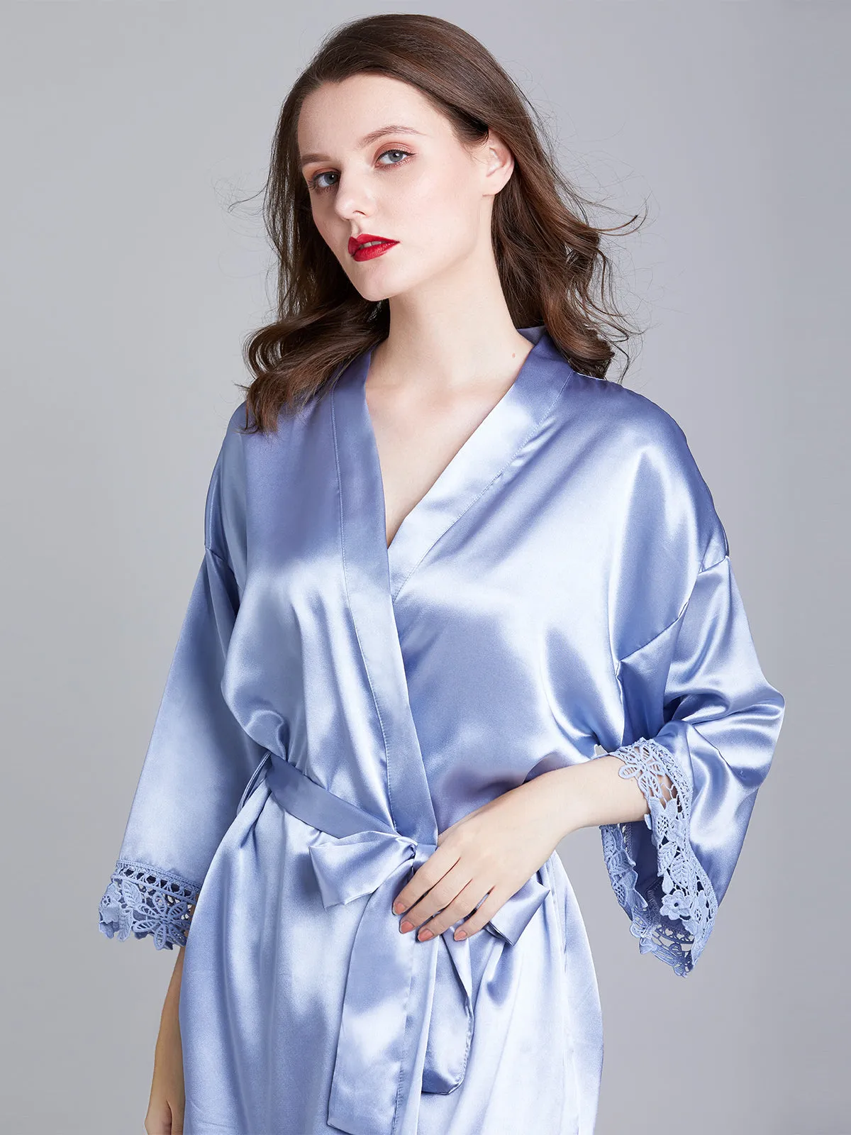 Knee-length V Neck Charmeuse Robes with Floral Lace Edge