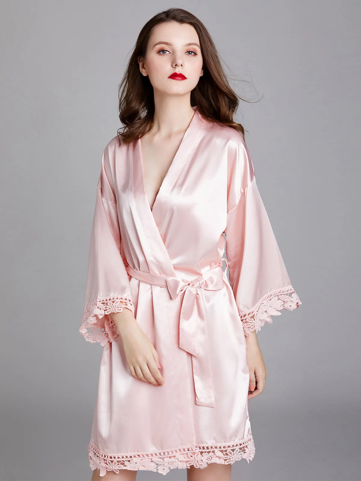 Knee-length V Neck Charmeuse Robes with Floral Lace Edge