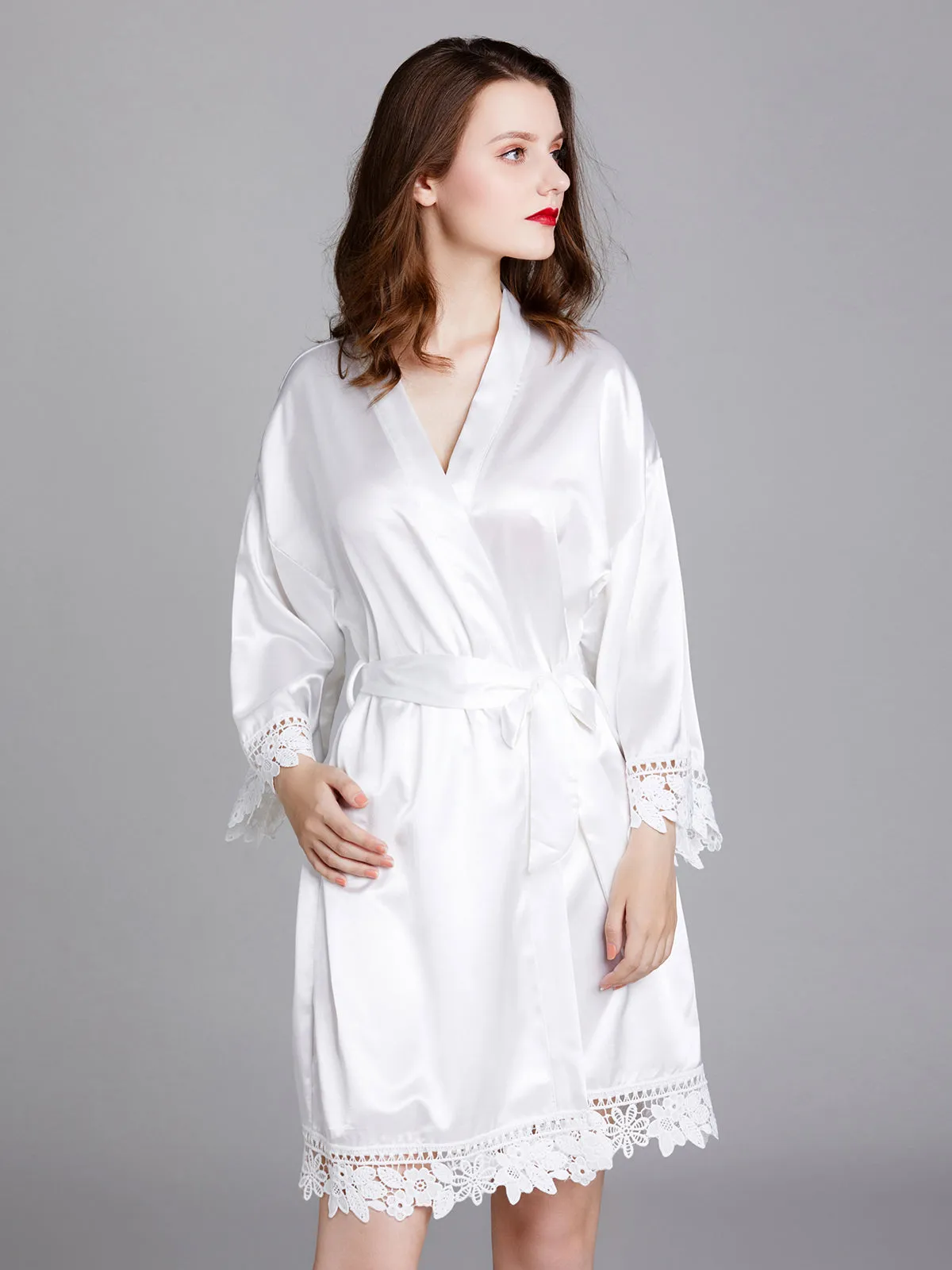 Knee-length V Neck Charmeuse Robes with Floral Lace Edge