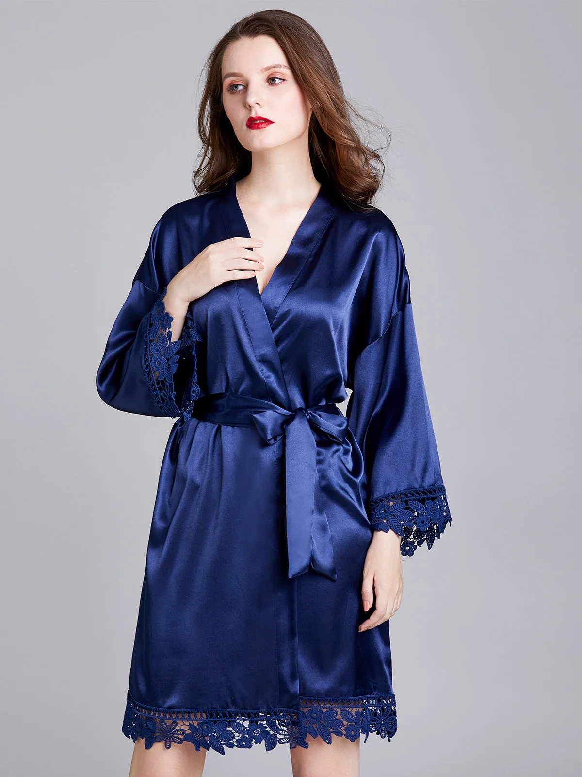 Knee-length V Neck Charmeuse Robes with Floral Lace Edge