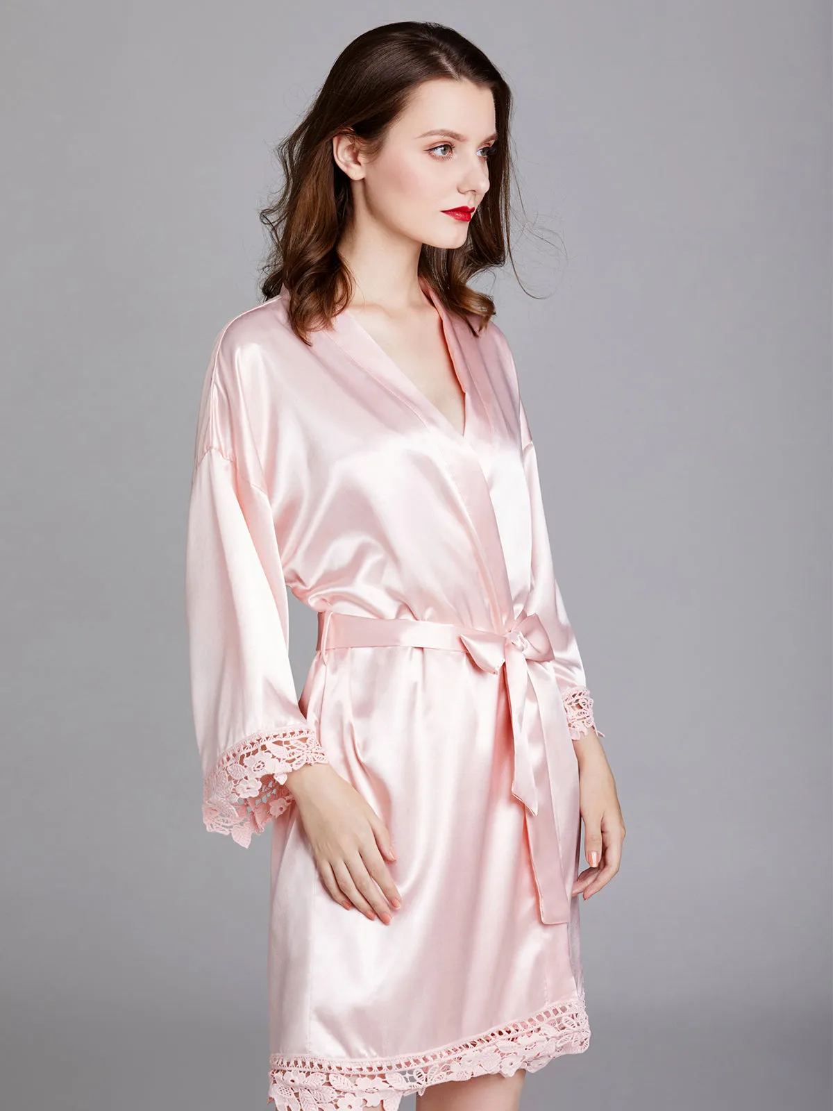 Knee-length V Neck Charmeuse Robes with Floral Lace Edge