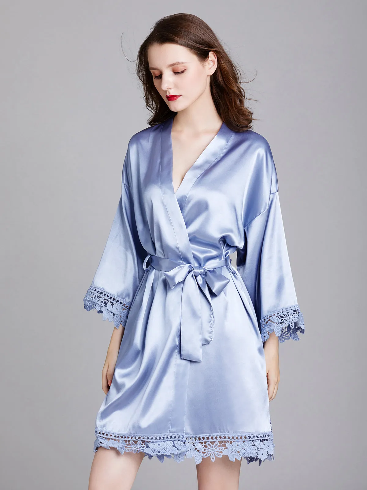 Knee-length V Neck Charmeuse Robes with Floral Lace Edge