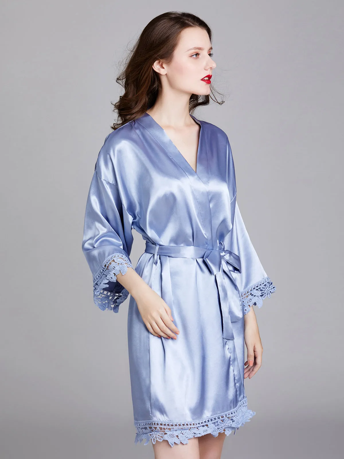 Knee-length V Neck Charmeuse Robes with Floral Lace Edge