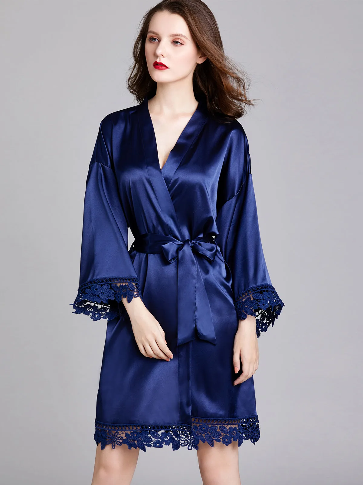 Knee-length V Neck Charmeuse Robes with Floral Lace Edge