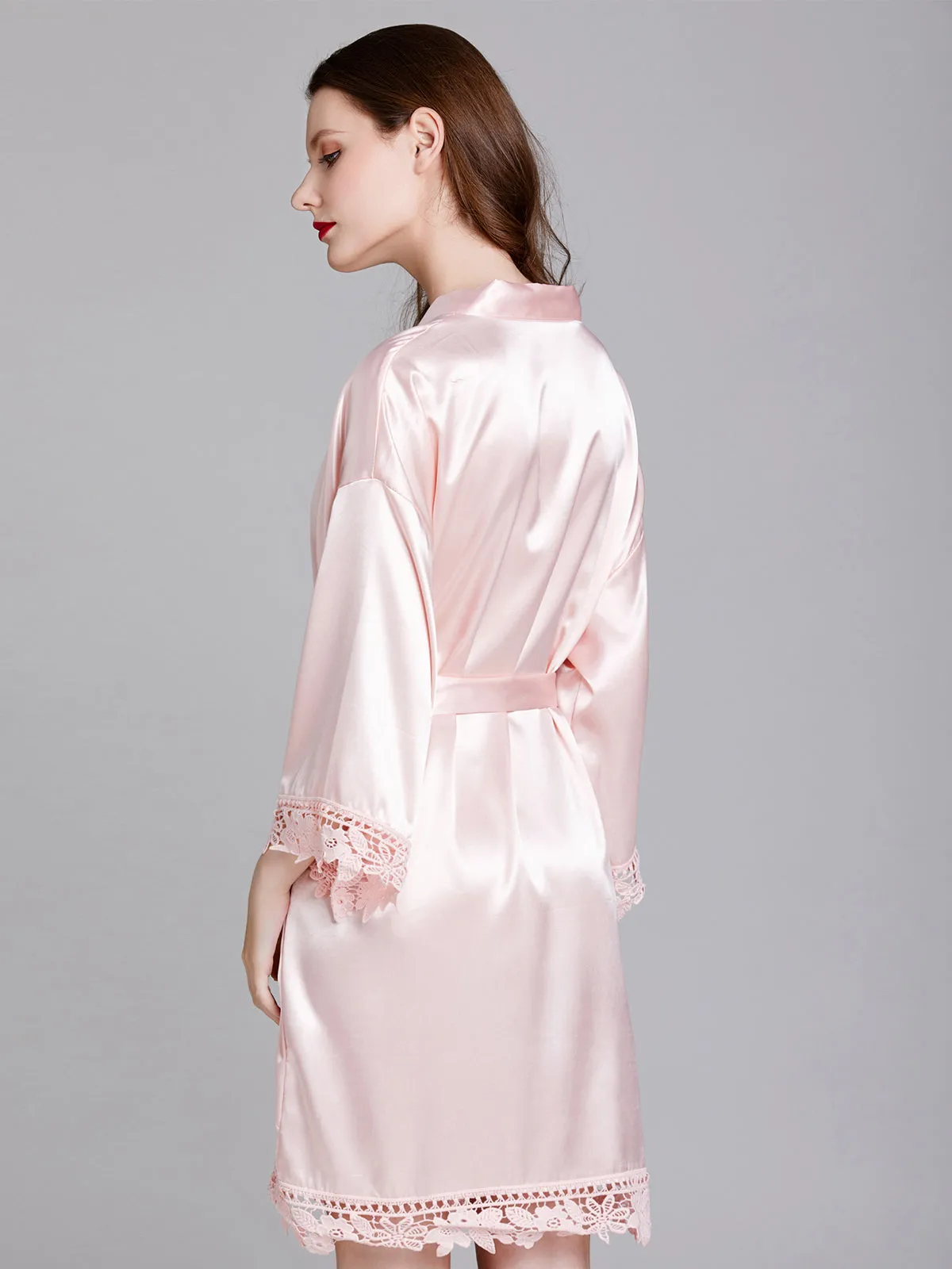 Knee-length V Neck Charmeuse Robes with Floral Lace Edge