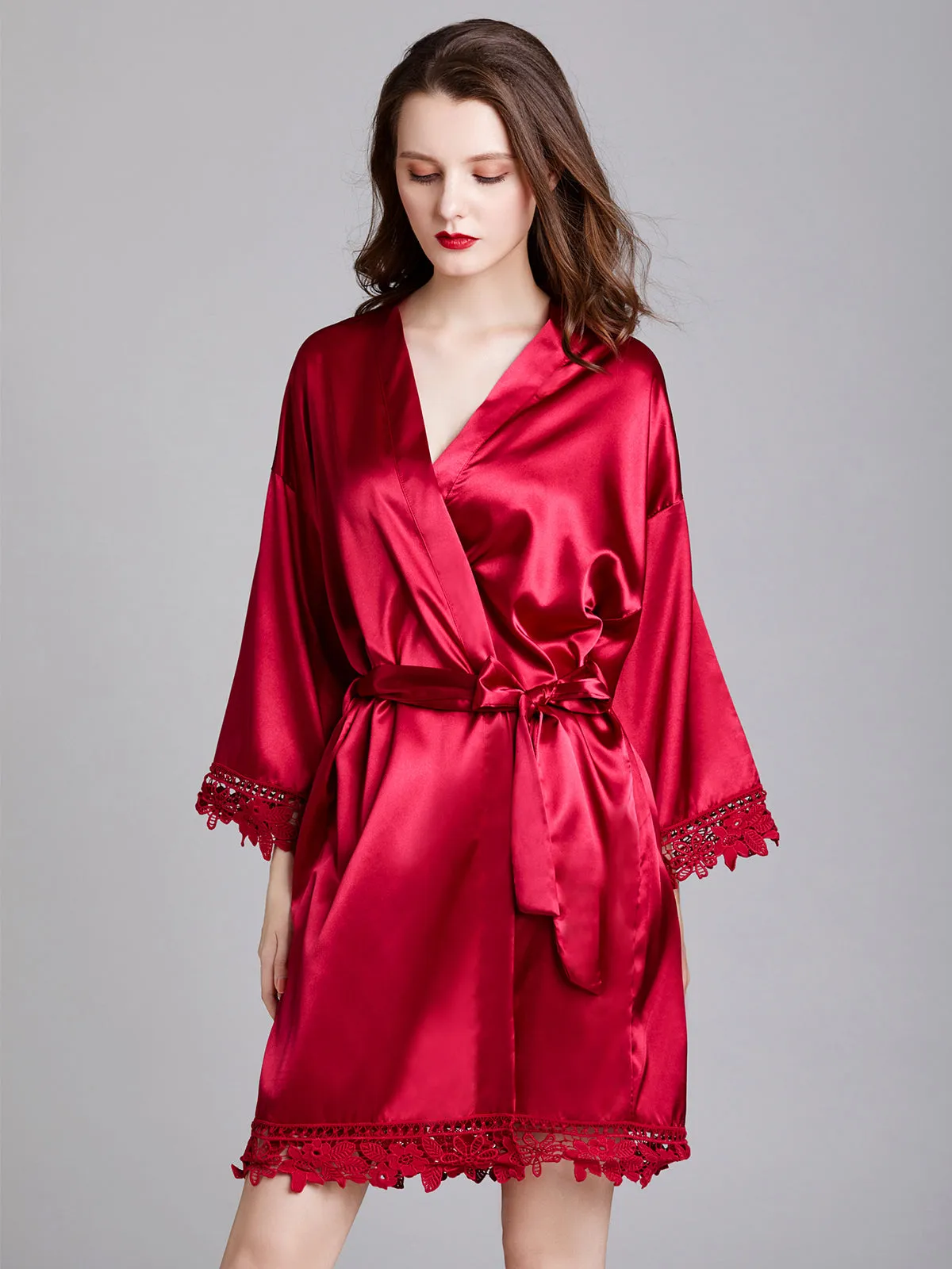 Knee-length V Neck Charmeuse Robes with Floral Lace Edge