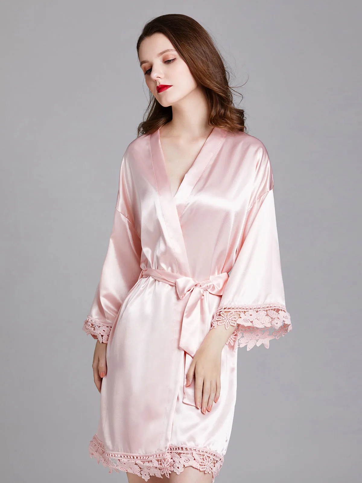 Knee-length V Neck Charmeuse Robes with Floral Lace Edge