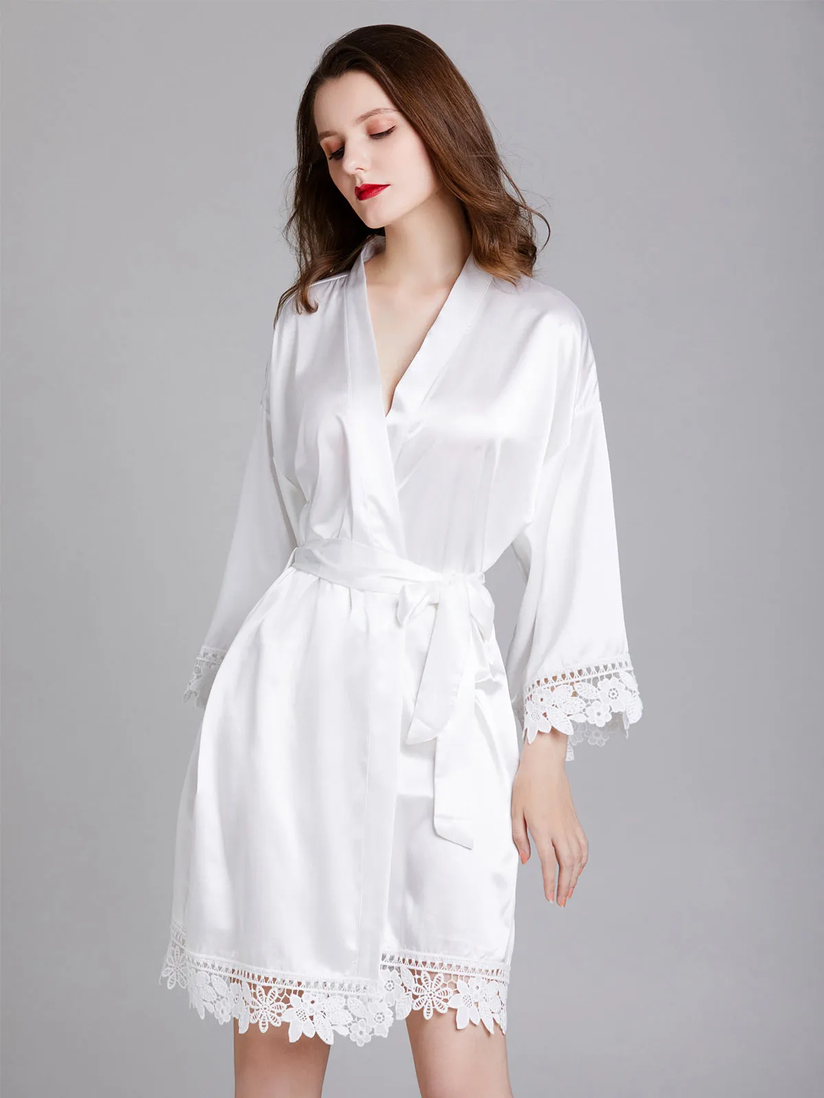 Knee-length V Neck Charmeuse Robes with Floral Lace Edge