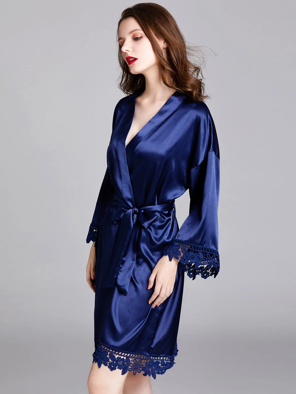 Knee-length V Neck Charmeuse Robes with Floral Lace Edge