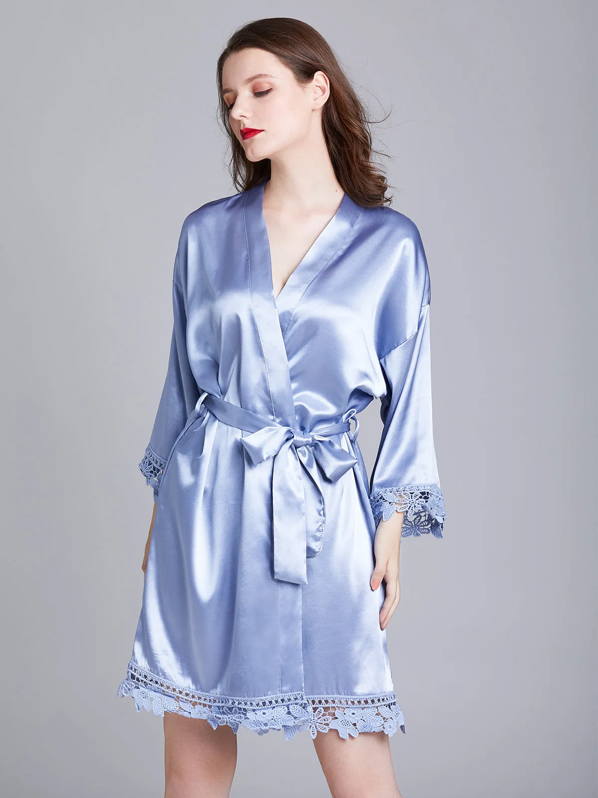 Knee-length V Neck Charmeuse Robes with Floral Lace Edge