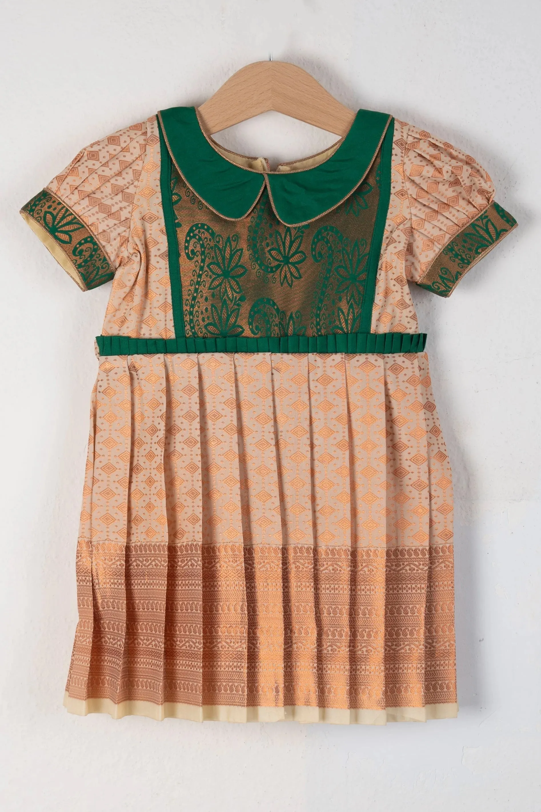 Latest Peach Puff Semi-Kanchi Silk Frocks With Fabric Embellished Yoke For Little Girls