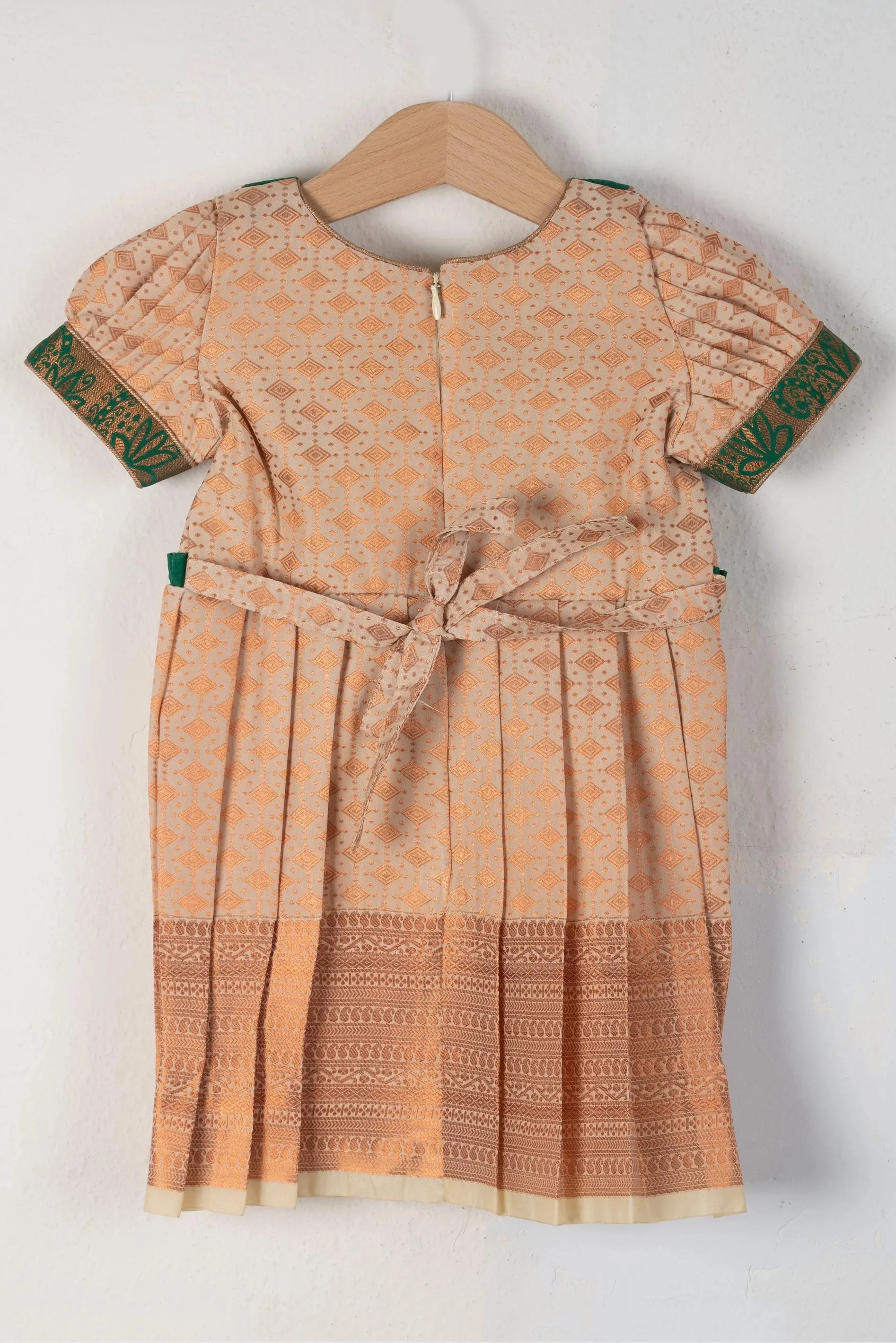 Latest Peach Puff Semi-Kanchi Silk Frocks With Fabric Embellished Yoke For Little Girls