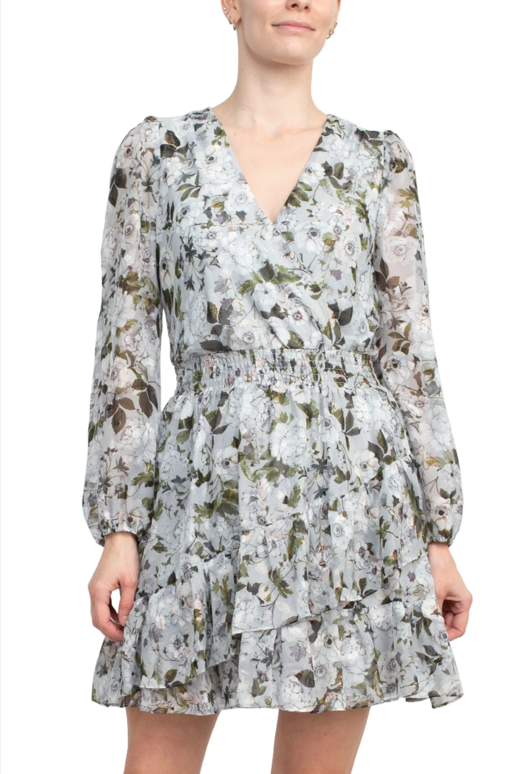 Laundry V-Neck Elastic Cuff Long Sleeve Elastic Waist Tiered Hem Floral Print Chiffon Dress