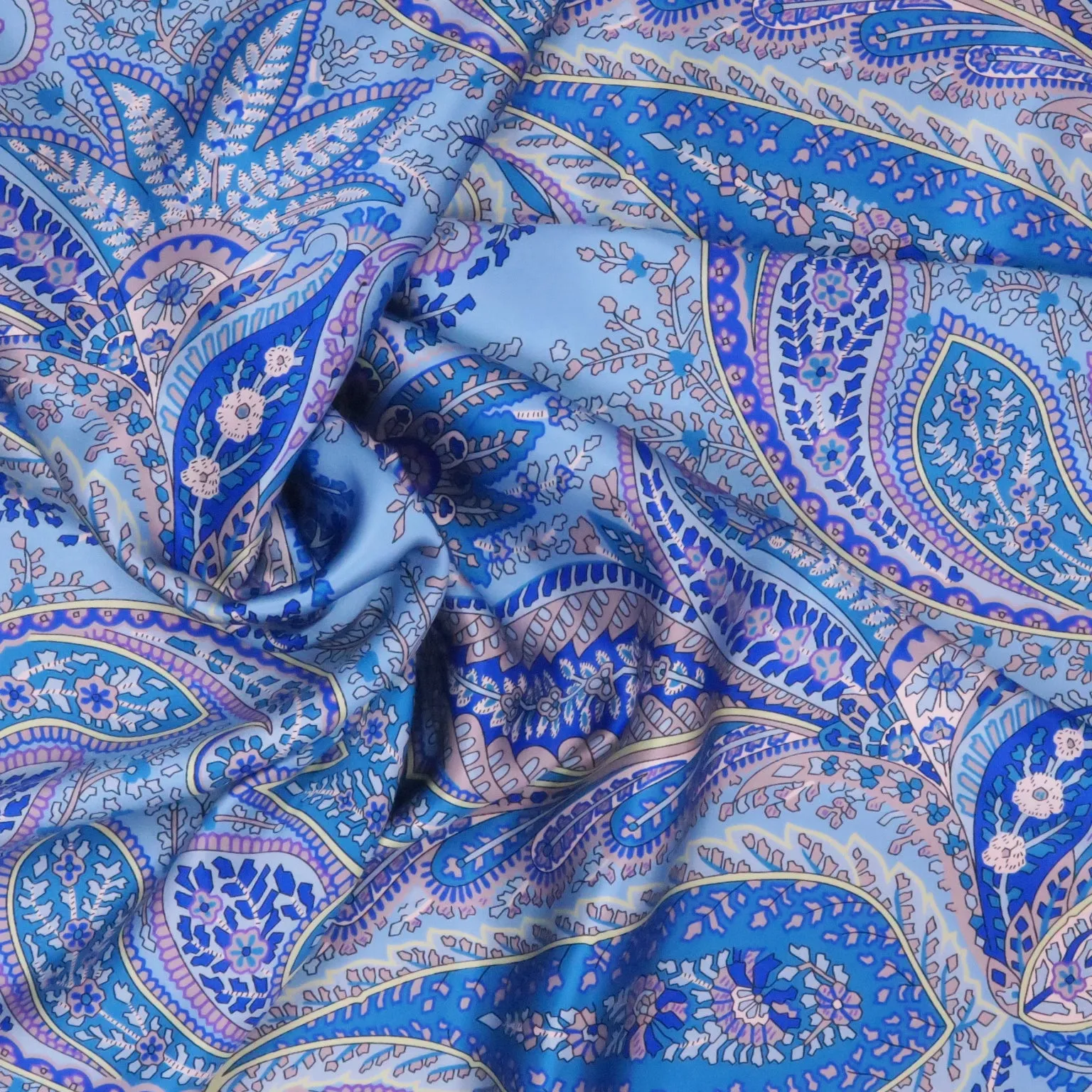 Light & Dark Blue Paisley Printed Silk Charmeuse Fabric