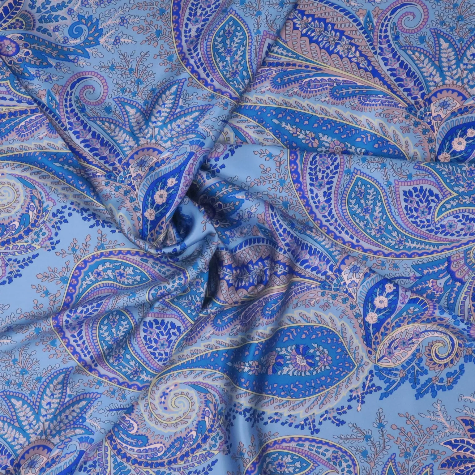 Light & Dark Blue Paisley Printed Silk Charmeuse Fabric