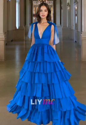 LP1253 - V-Neck Sleeveless Tiered Open Back Side Slit Ball Gown Prom Dresses