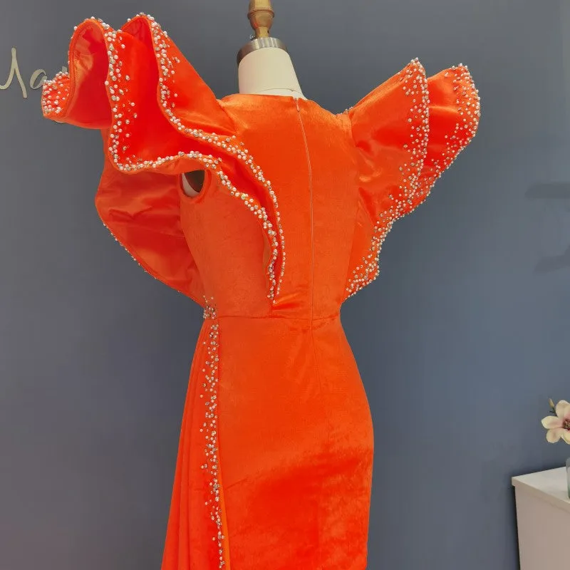 Luxury Beaded Pearls Orange Short Cocktail Dress RM003