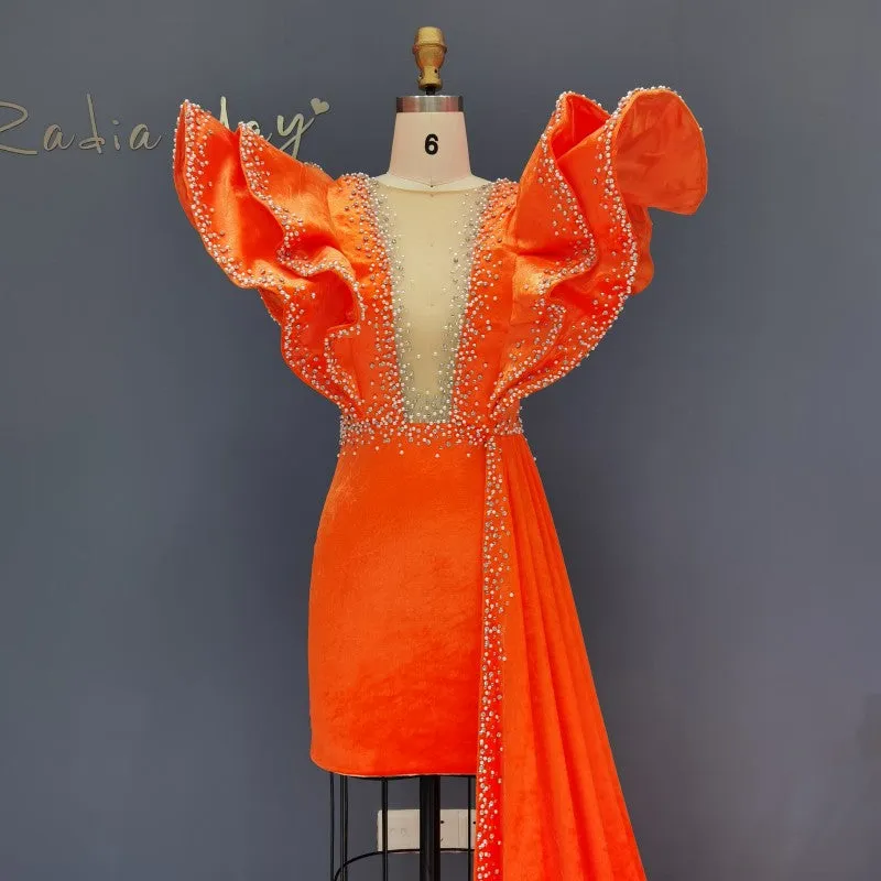 Luxury Beaded Pearls Orange Short Cocktail Dress RM003