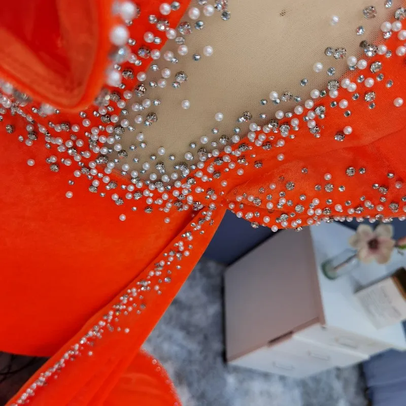 Luxury Beaded Pearls Orange Short Cocktail Dress RM003