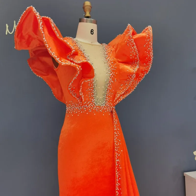 Luxury Beaded Pearls Orange Short Cocktail Dress RM003