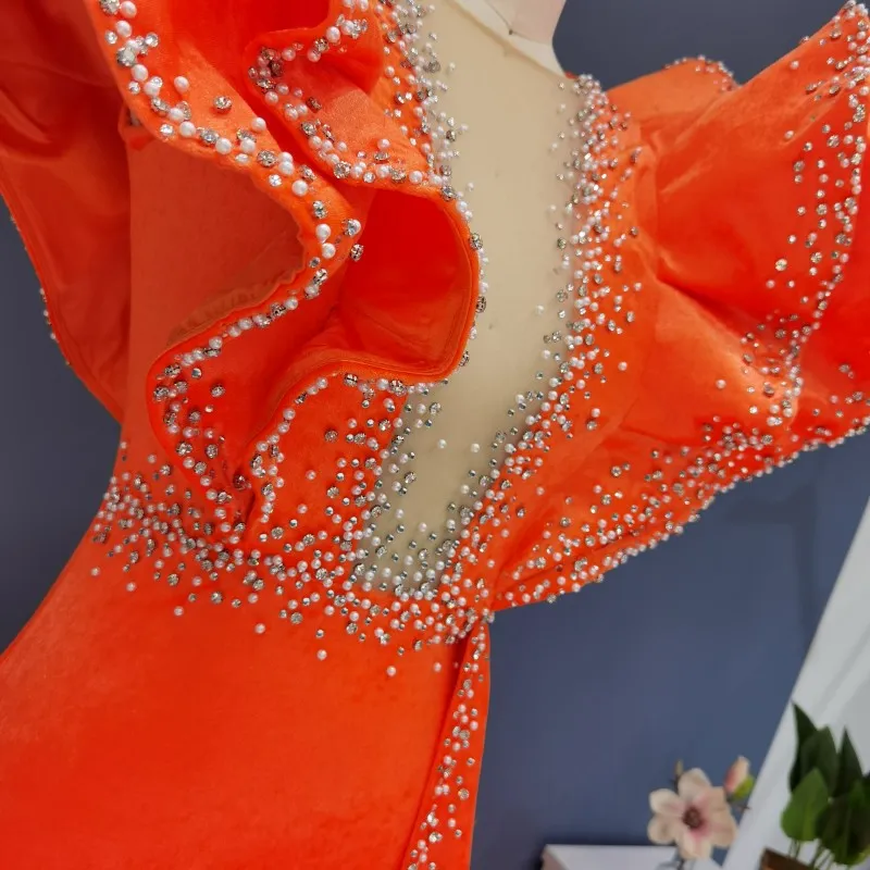 Luxury Beaded Pearls Orange Short Cocktail Dress RM003