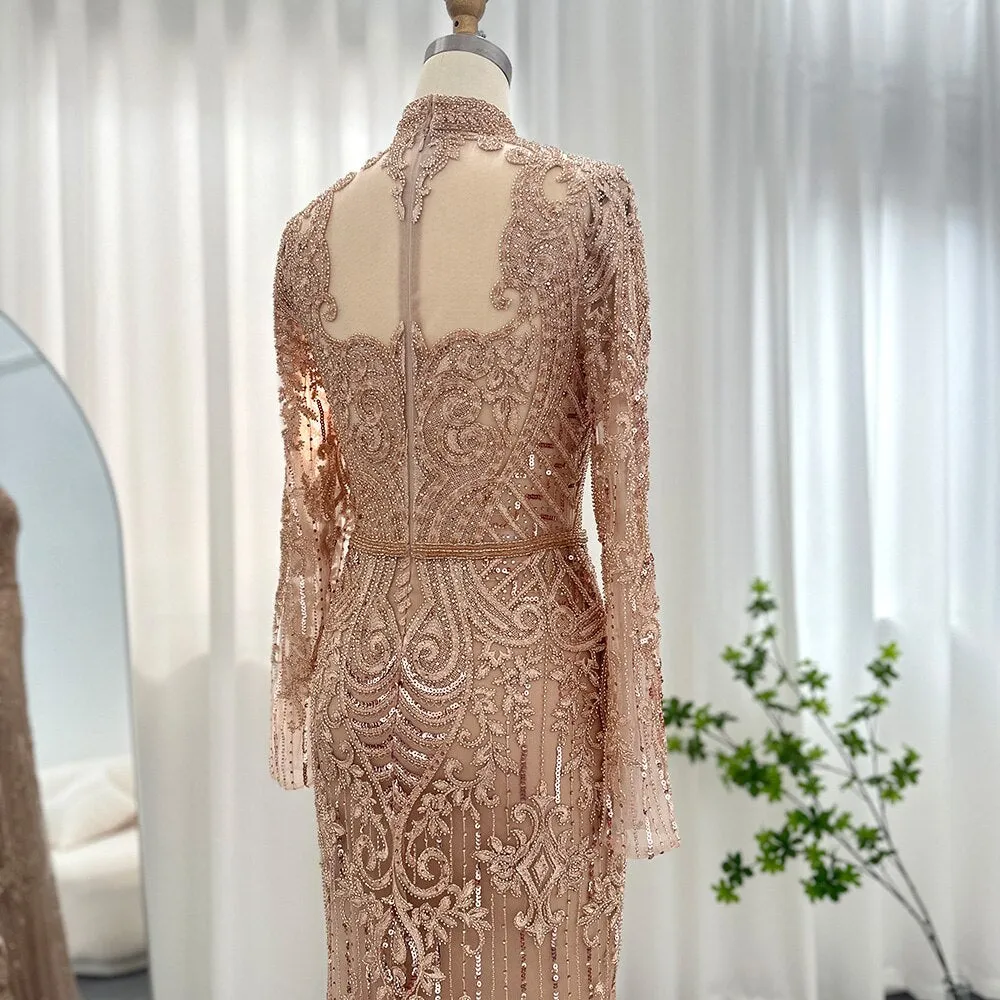 Luxury Rose Gold Long Sleeves Evening Dress SS153