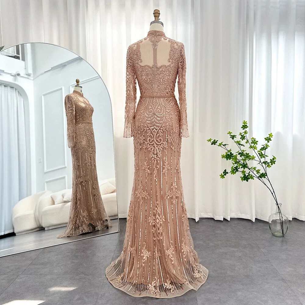 Luxury Rose Gold Long Sleeves Evening Dress SS153