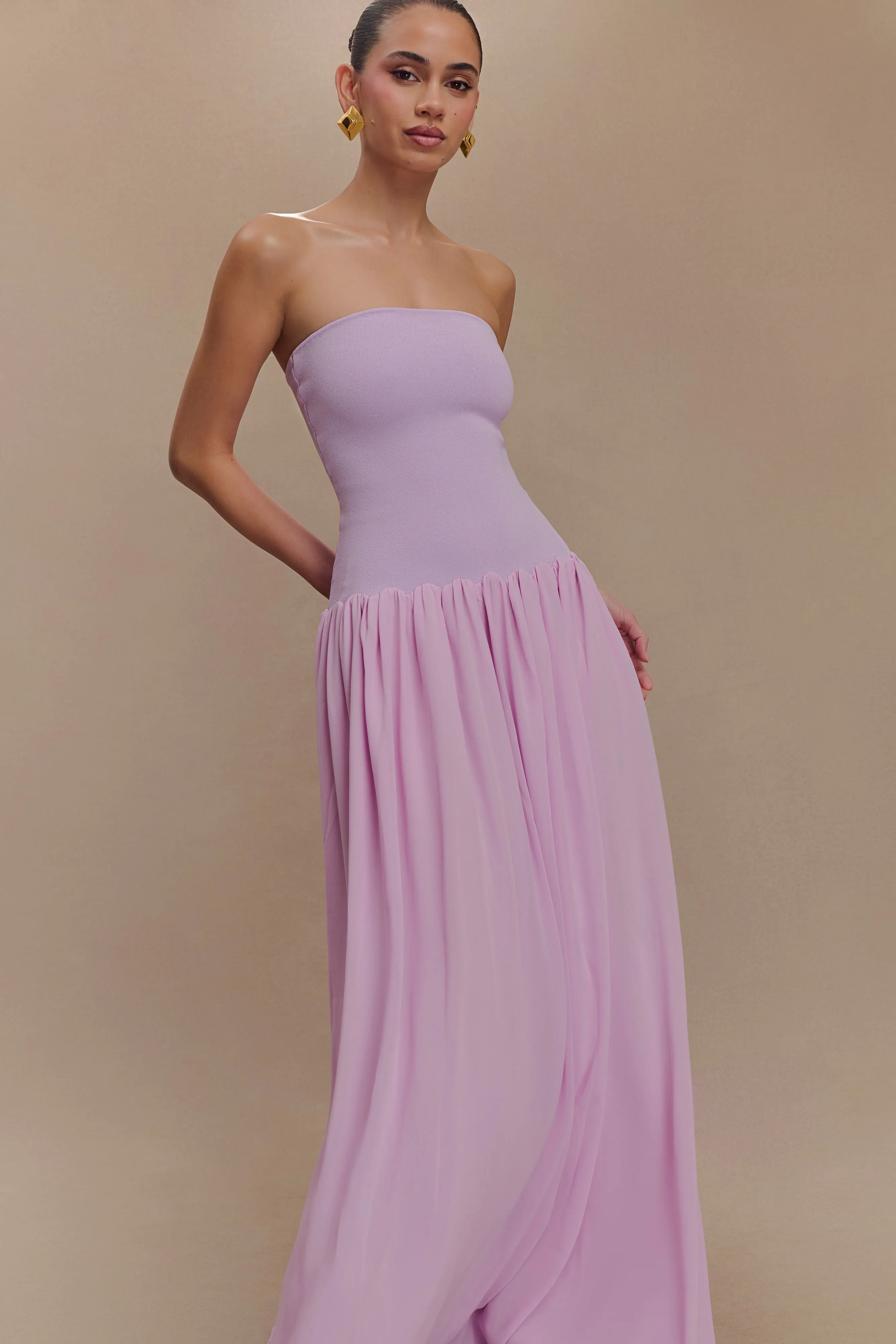 Lyanna Knit And Chiffon Strapless Maxi Dress - Lilac