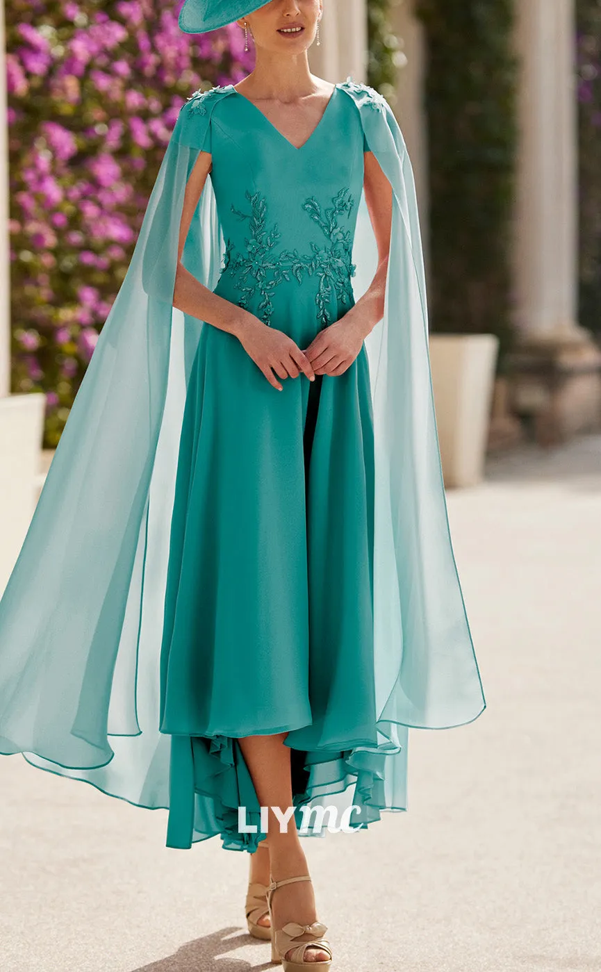 M1209 - V-Neck Long Sleeves Appliques A-Line Chiffon Mother of Bride Dress Cocktail Dress