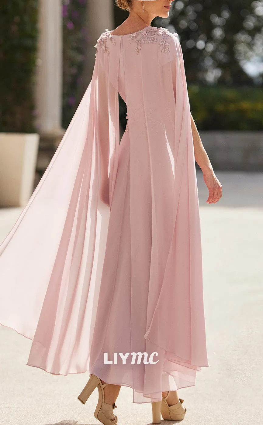 M1209 - V-Neck Long Sleeves Appliques A-Line Chiffon Mother of Bride Dress Cocktail Dress