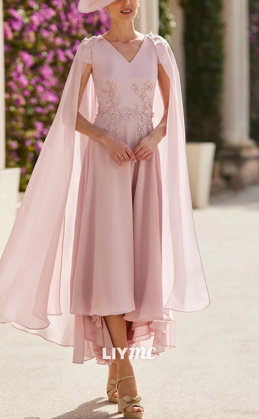 M1209 - V-Neck Long Sleeves Appliques A-Line Chiffon Mother of Bride Dress Cocktail Dress