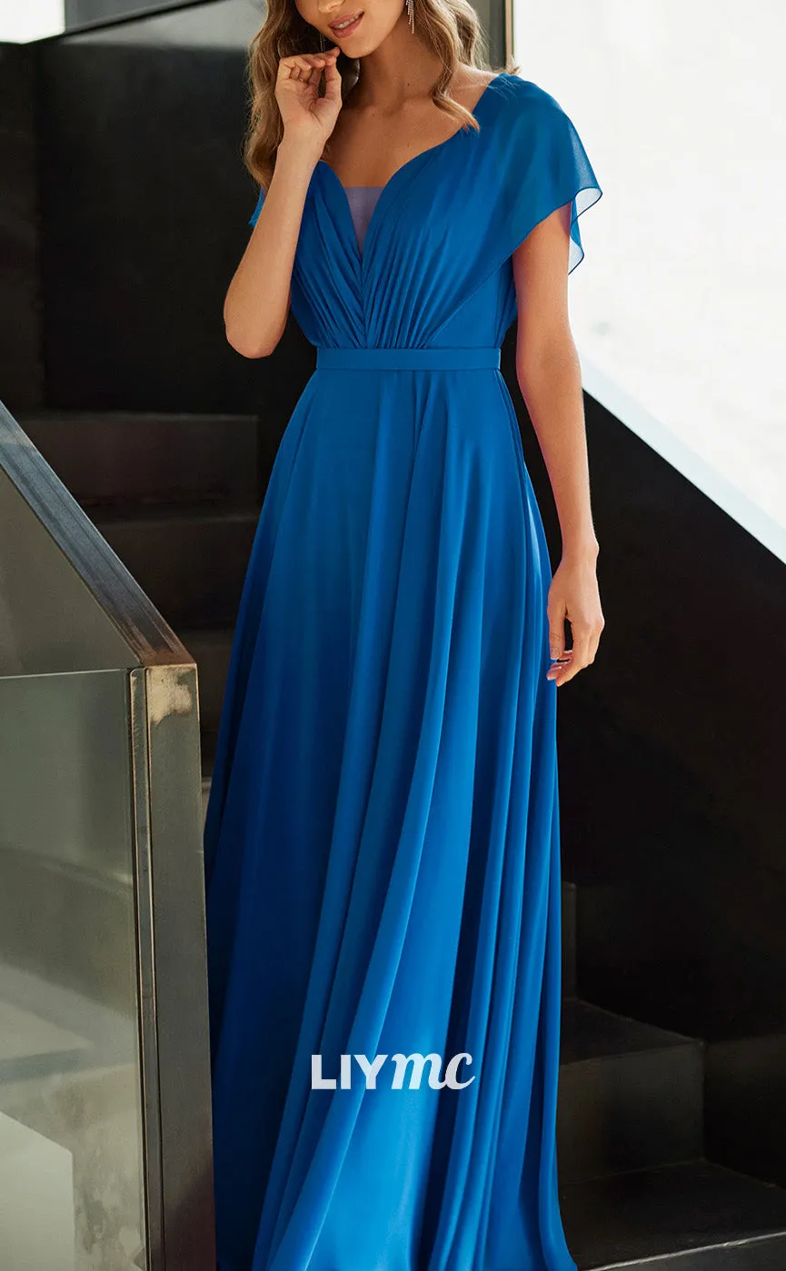 M1324 - V-Neck Sleeves Sleek Chiffon Pleated A-Line Mother of Bride Dress Cocktail Dress