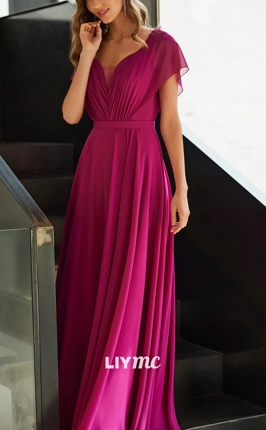 M1324 - V-Neck Sleeves Sleek Chiffon Pleated A-Line Mother of Bride Dress Cocktail Dress